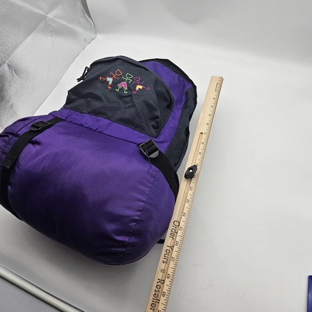 Vintage Kids Sleeping Bag‎ Small Backpack Carrier Purple Stick Figure Camping